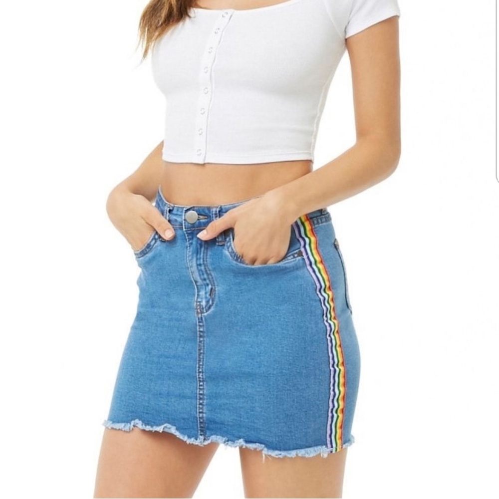 Forever 21 | Denim Skirt Side Stripe Rainbow
